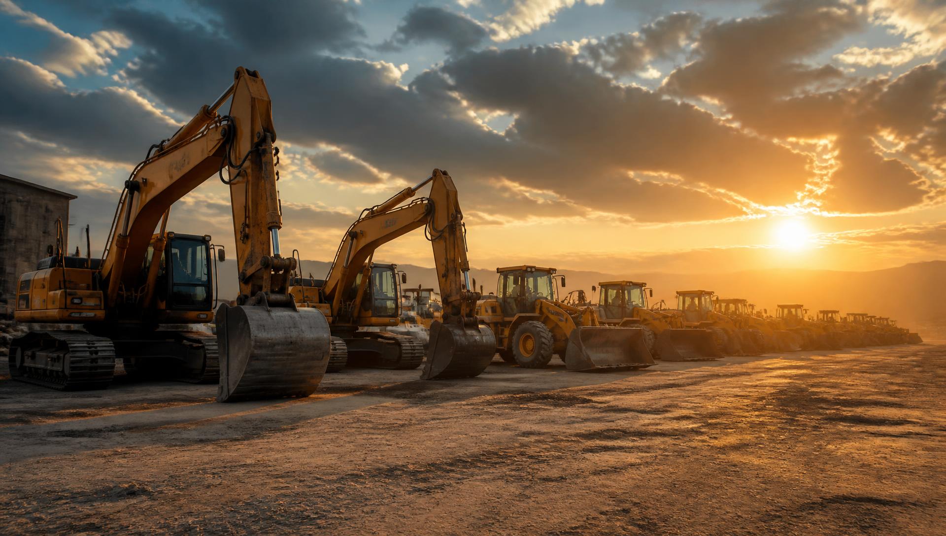 Fleet of excavators and wheel loaders at an industrial yard