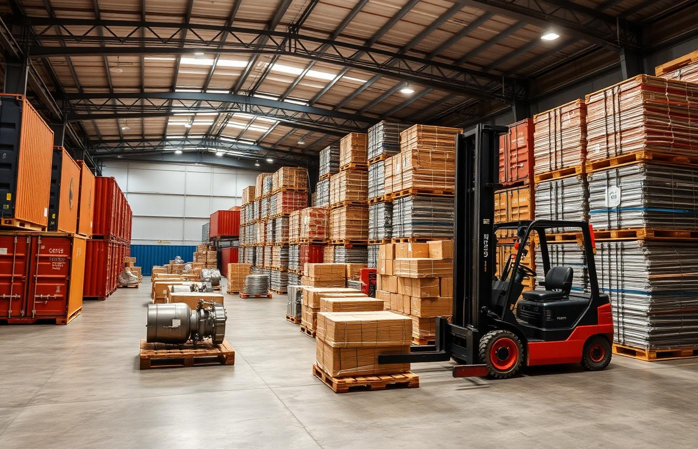Export warehouse with crated machinery parts and shipping containers